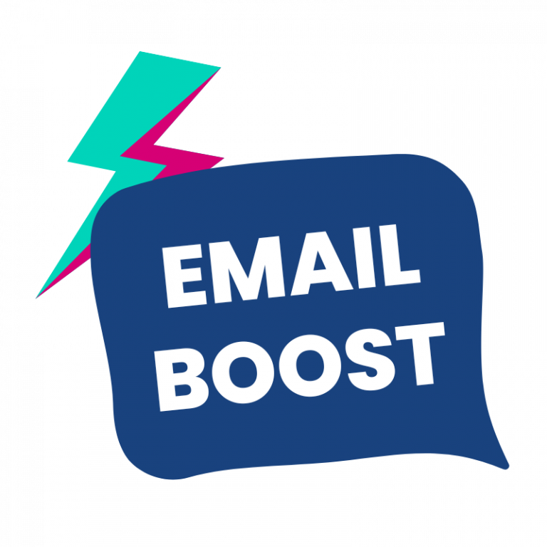 Done with You email boost: Dark blue speech bubble with the words: Email Boost with a lightening bolt coming out of it