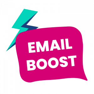 Done with You email boost: Pink speech bubble with the words: Email Boost with a lightening bolt coming out of it