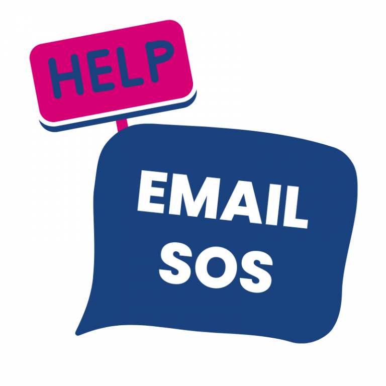 Done with You email sos: Blue speech bubble with the words: Email SOS with a sign coming out if it with the word 'help'