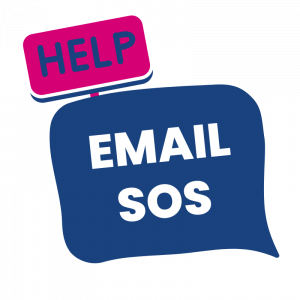 Done with You email sos: Blue speech bubble with the words: Email SOS with a sign coming out if it with the word 'help'